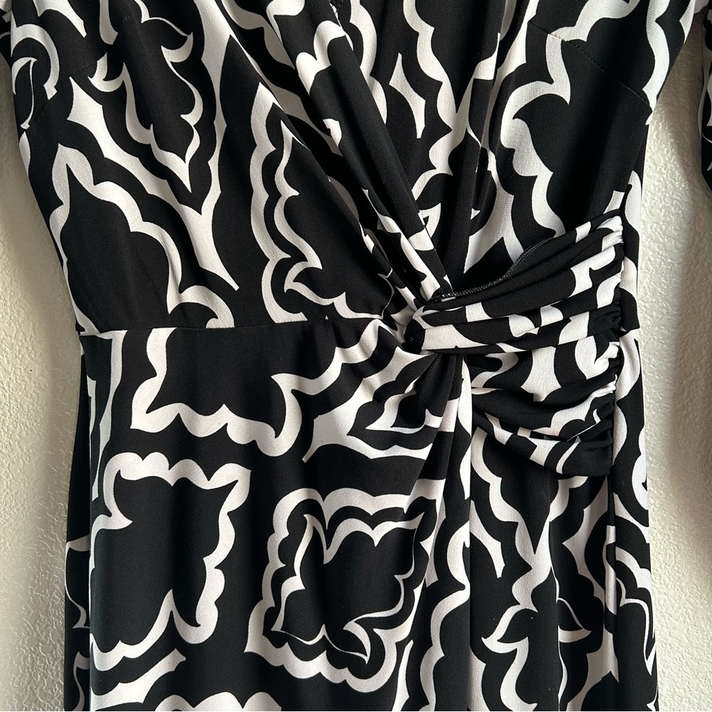 White House Black Market | Black and White Patterned Faux Wrap Mini Dress - Picture 6 of 8